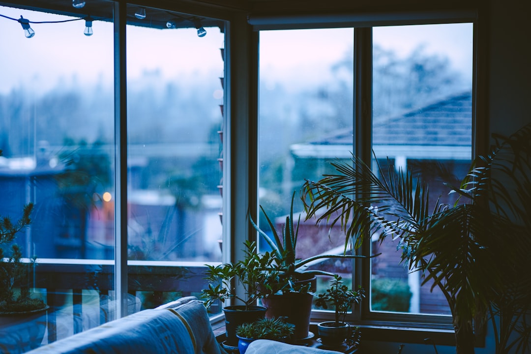 Warm, comfortable living room view from inside, looking out a large window at rain falling, symbolizing the safety and com...